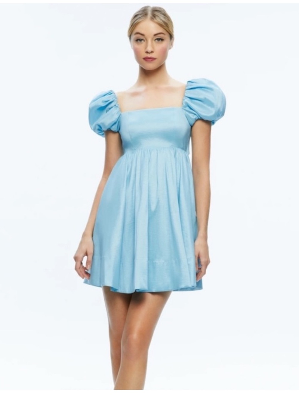 Alice + Olivia Sharilyn Bubble Sleeve Tie Back Powder Blue Mini Dress